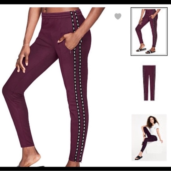 Victoria's Secret Pink Active Skinny Trackpant Burgundy Side Stripe Logo S-M - Picture 1 of 11
